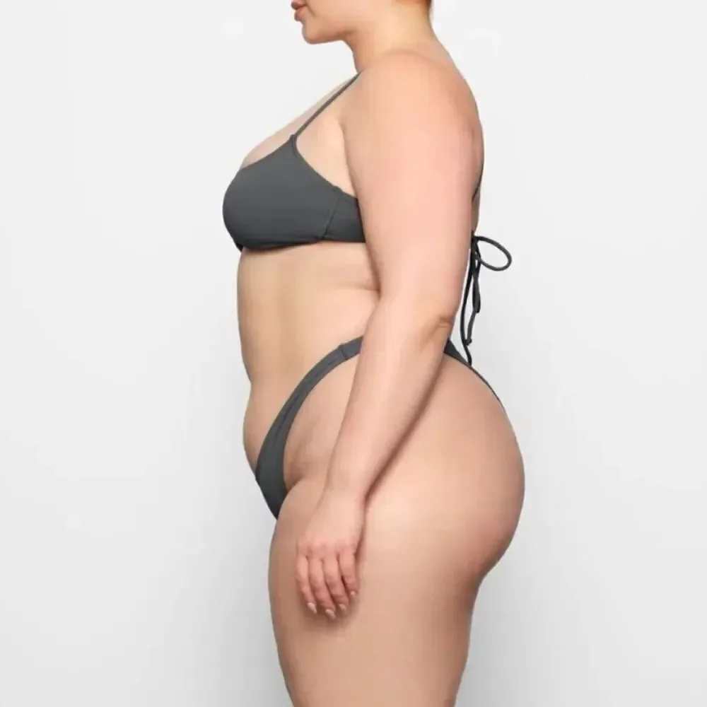 NWT SKIMS Recycled Swim Tanga Cheeky Thong Bikini Bottom In Gunmetal Gray Bikini